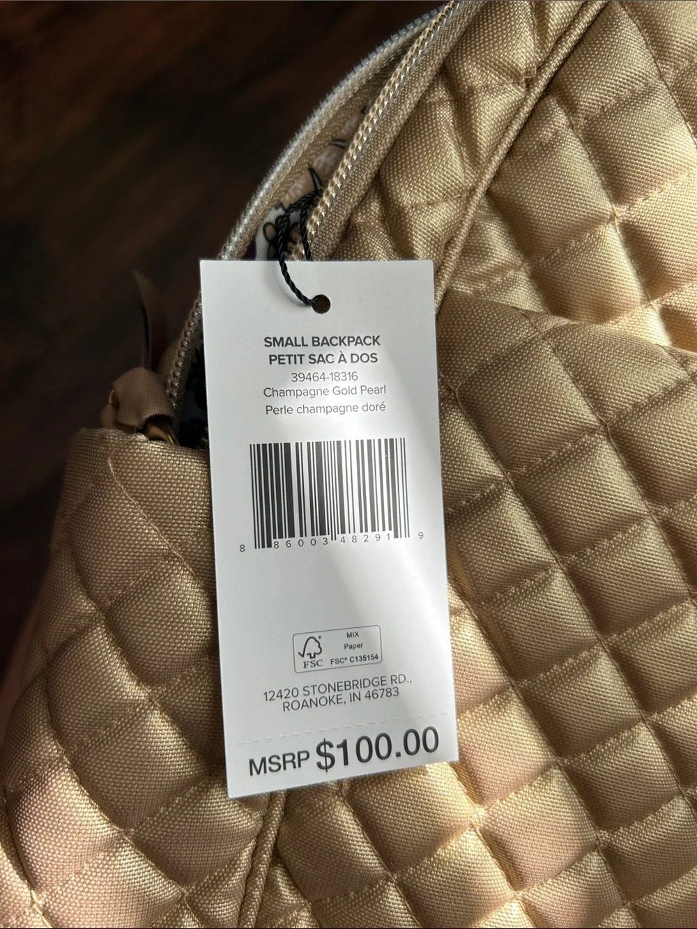 Vera Bradley Quilted Champagne Gold Pearl Small Backpack